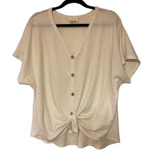 White Waffle Tie-Front Button-Detail Top